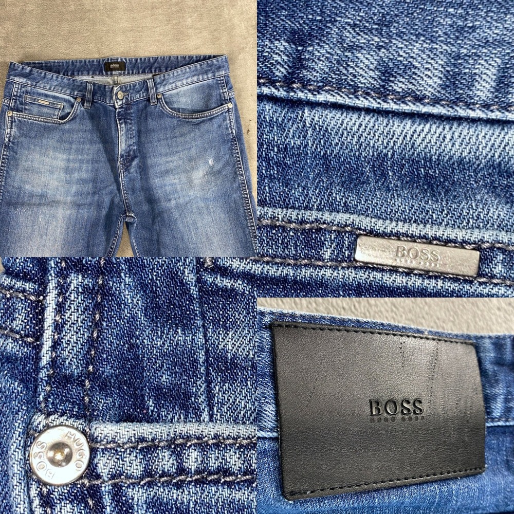 Hugo Boss Jeans Mens 38x32 Stretch Fade Blue Straight Leg Denim Designer Pants - Picture 8 of 11